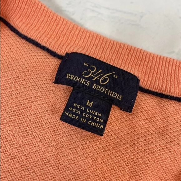 Brooks Brothers V Neck Sweater Men’s M Orange Salmon Linen Cotton Pullover Lite - Picture 2 of 16